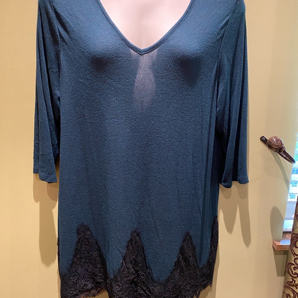 teal sweater with lace trim